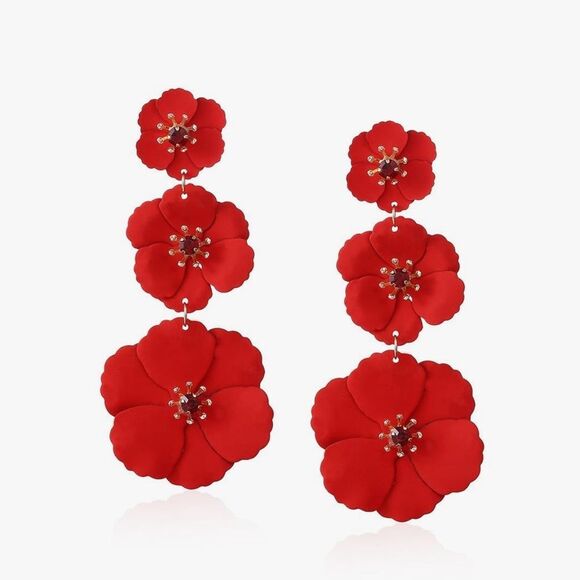 Elegant Red Floral layered flower Drop Earrings - Picture 5 of 10
